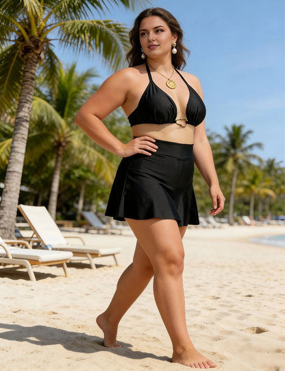 Plus Size Black Halter Bikini Set with High Waisted Skirt