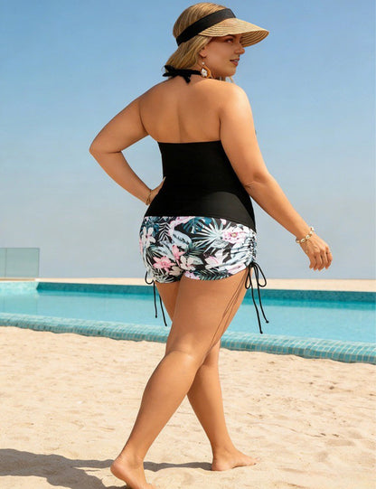 Plus Size Black Halter Tankini with Boyshorts