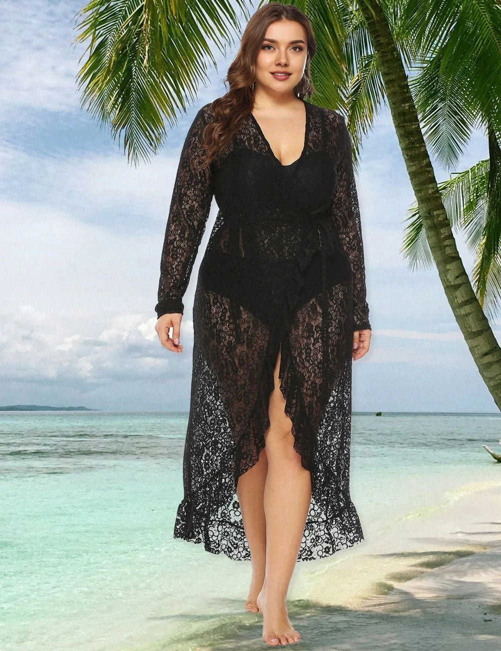 Plus Size Black Lace Swim Cover Up Maxi Dress