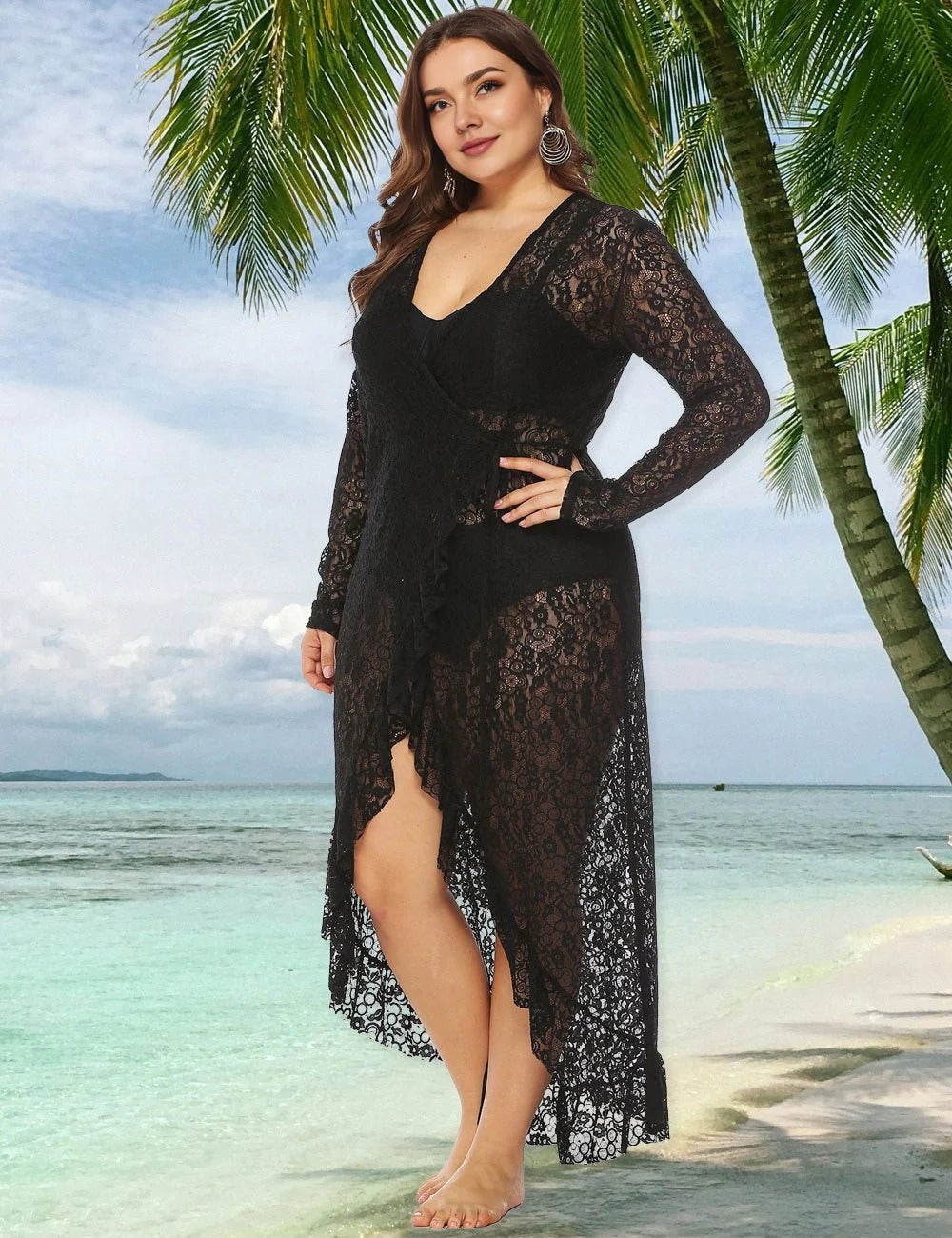 Plus Size Black Lace Swim Cover Up Maxi Dress Long Sleeve