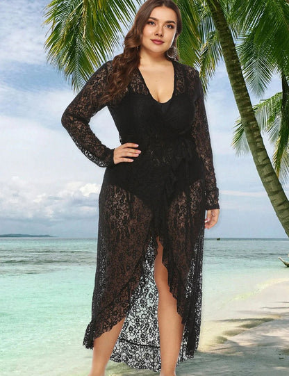 Plus Size Black Lace Swim Cover Up Dress Long