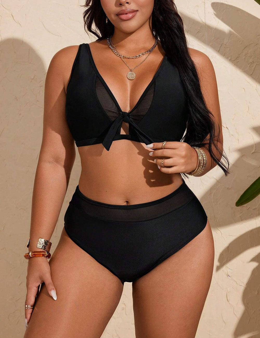Black Plus Size Mesh Cut Out Bikini Set