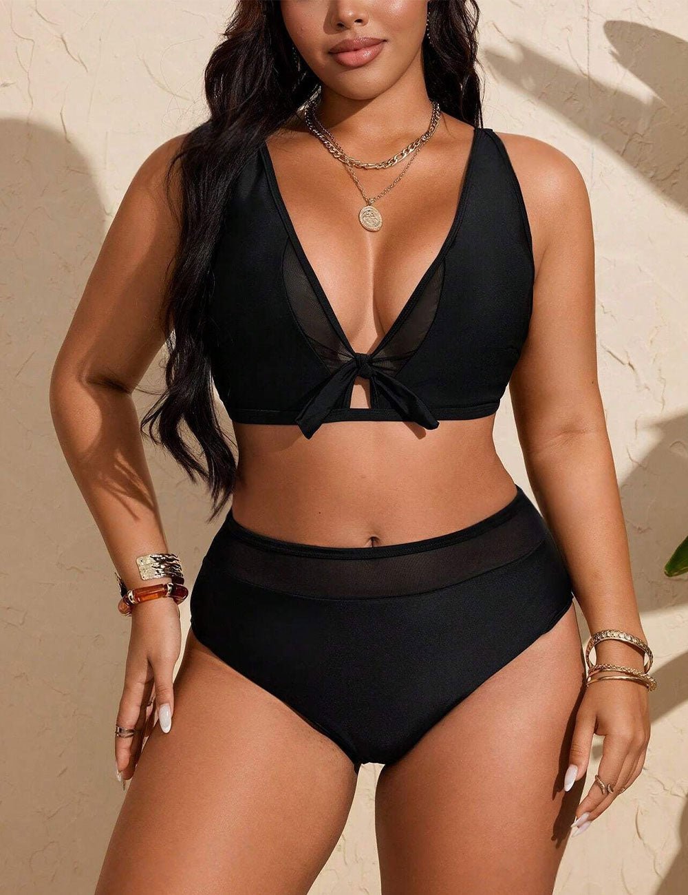 Plus Size Black Mesh Tie Front Cut Out Bikini Set