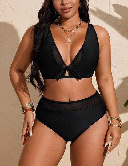 Plus Size Black Mesh Tie Front Cut Out Bikini Set