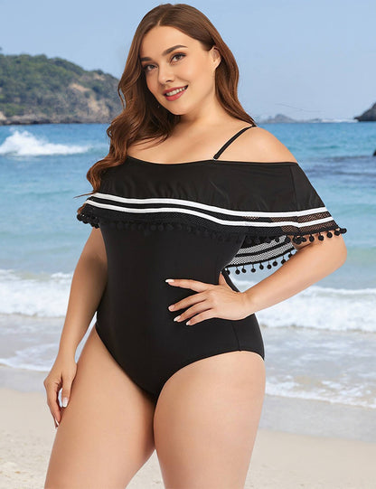 Black Plus Size Off Shoulder Ruffle One Piece Swimsuit
