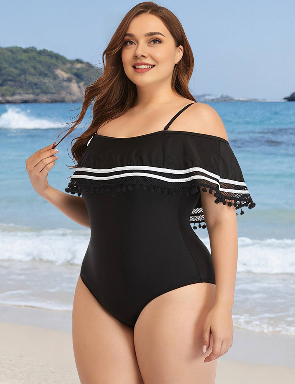 Plus Size Off Shoulder Black Ruffle One Piece Swimsuit
