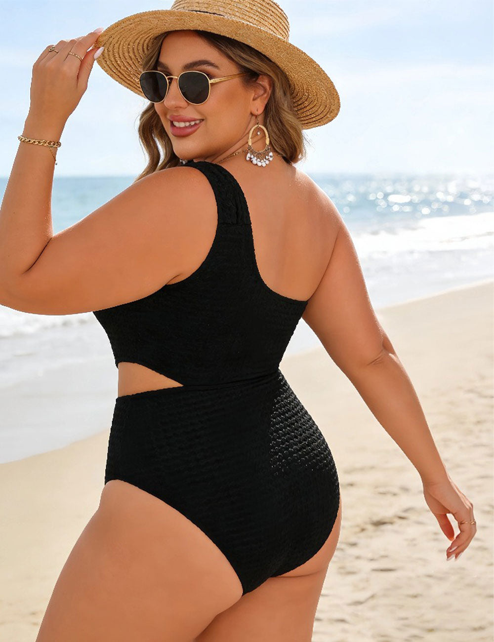 Plus Size Black Cut Out One Shoulder One Piece Swimsuit