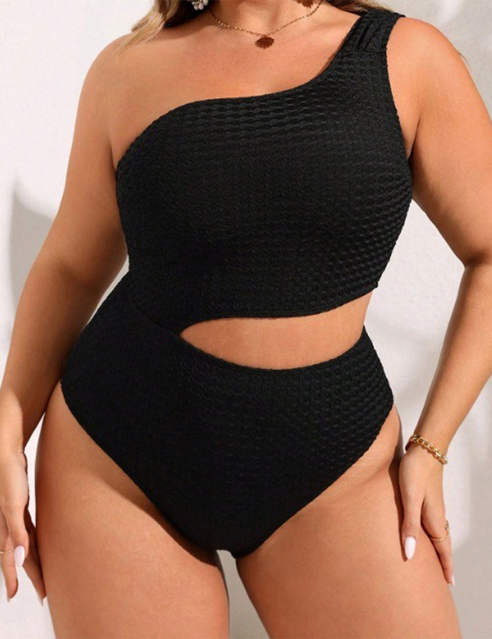 Plus Size One Shoulder Cut Out One Piece Swimsuit Black 