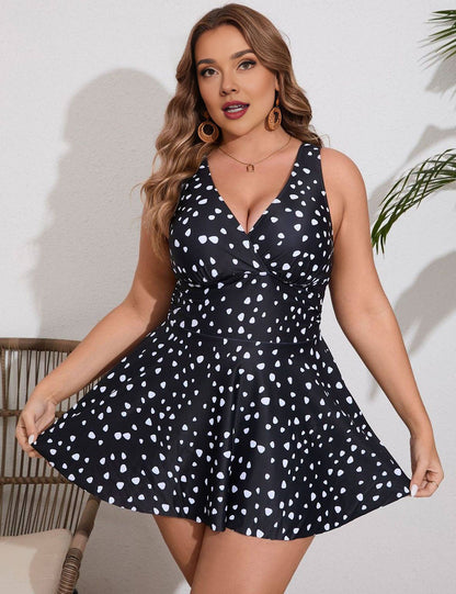Black Plus Size Retro Polka Dot Swim Dress  