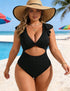Plus Size Black Ribbed Deep V Cut-Out Ruffle One Piece Swimsuit