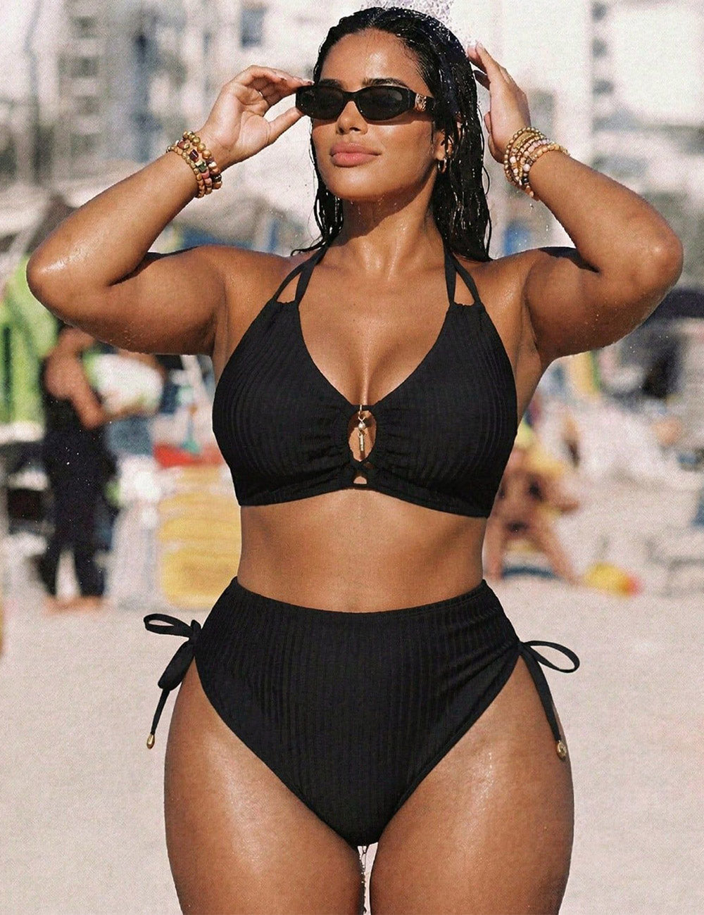 Plus Size Black Ribbed Cutout Halter Bikini