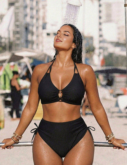 Plus Size Ribbed Halter Cutout Bikini  Black