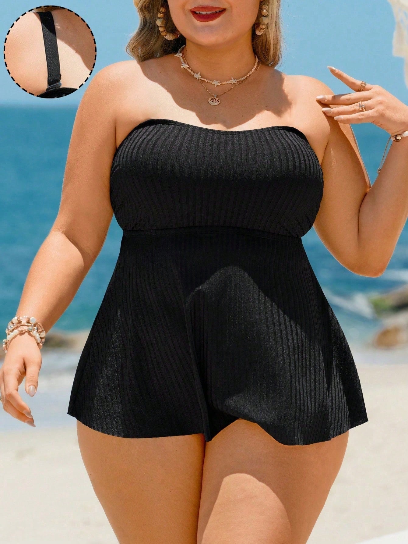 Plus Size Black Textured Flowy Tankini Set With Detachable Straps