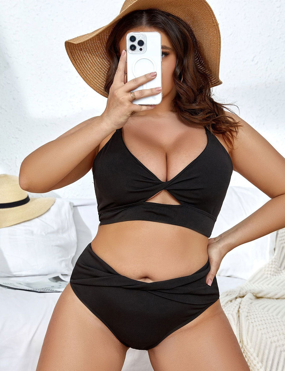 Plus Size Ribbed Twist Cutout Tie-Back Bikini Black