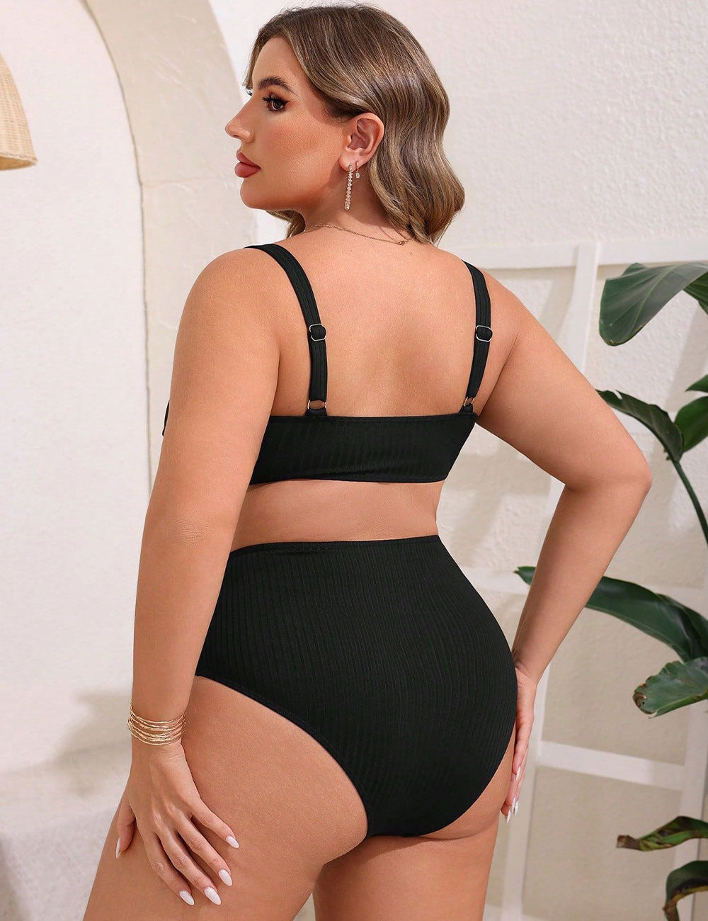 Plus Size Black Ribbed V Neck High Waisted Bikini Set