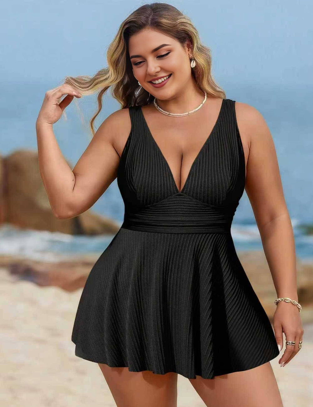 Plus Size Black Ribbed V Neck Swim Dress