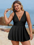 Plus Size Black Ribbed V Neck Swim Dress