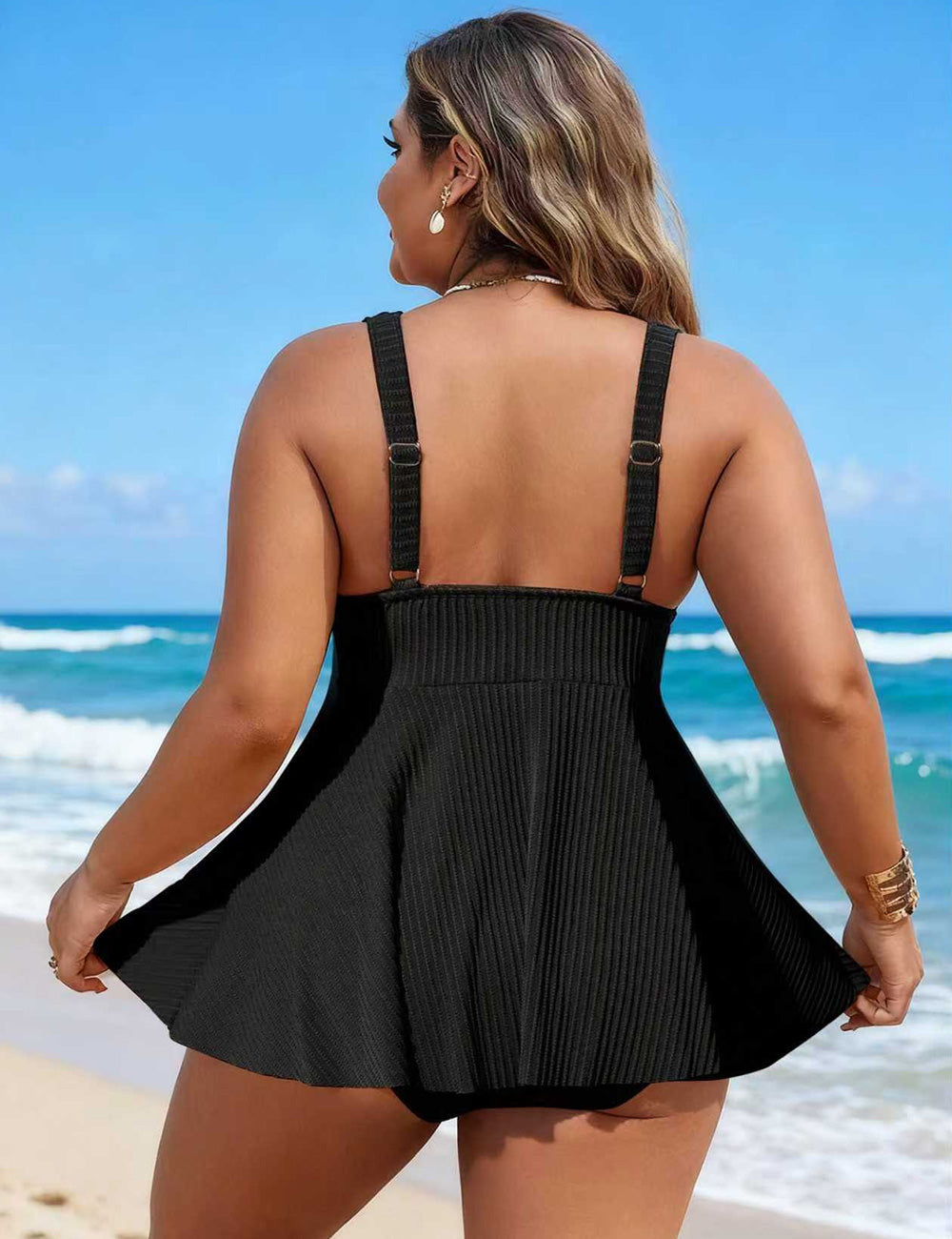 Plus Size Black Ribbed V Neck Swim Dress