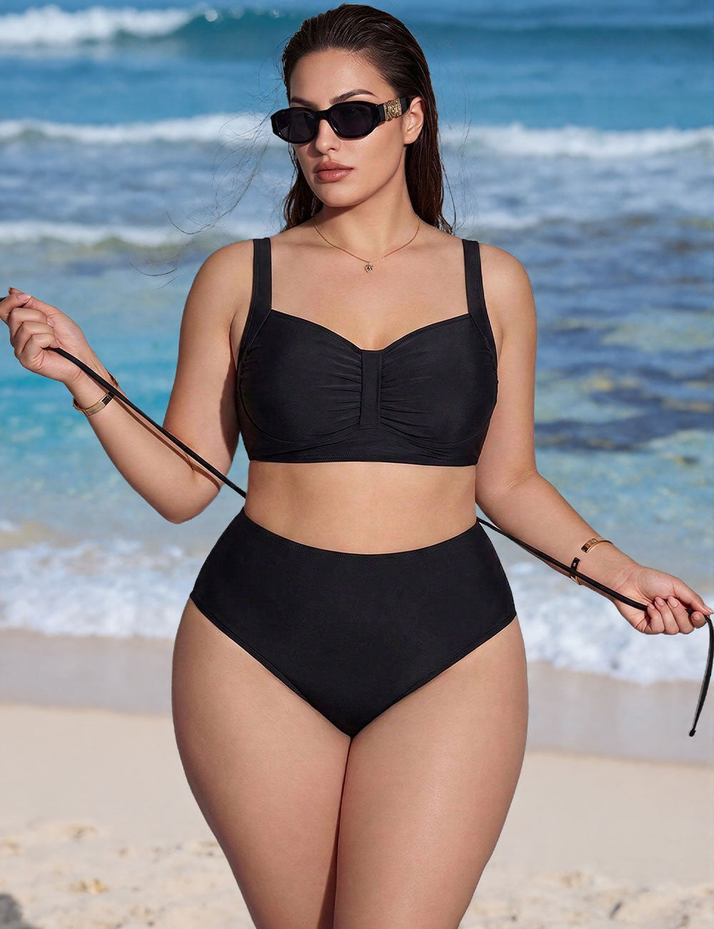 Plus Size Black Ruched High Waisted Bikini Set