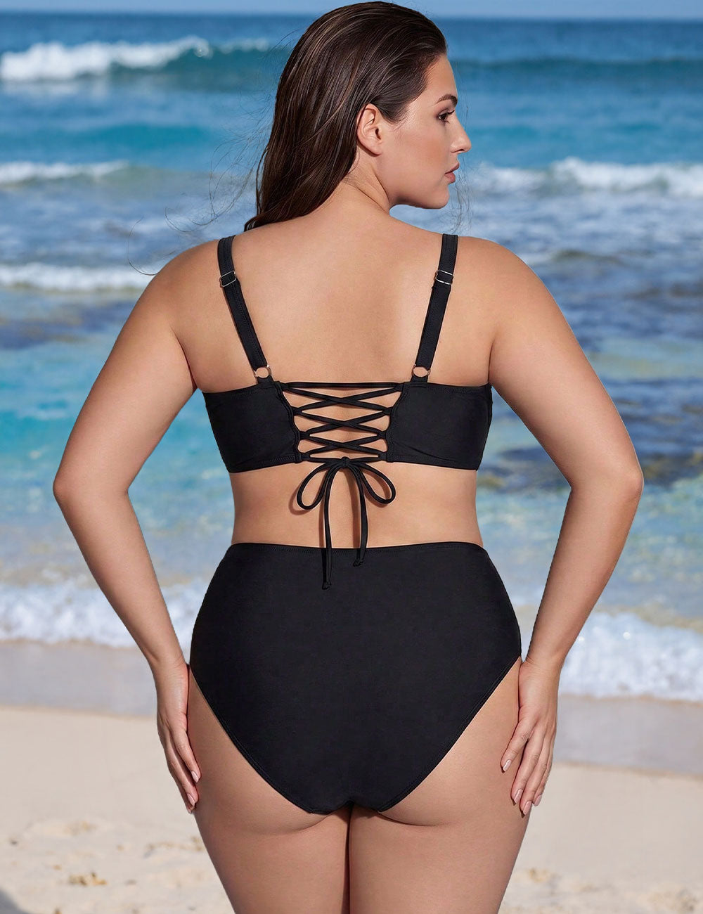 Plus Size Ruched High Waisted Bikini Set Black 