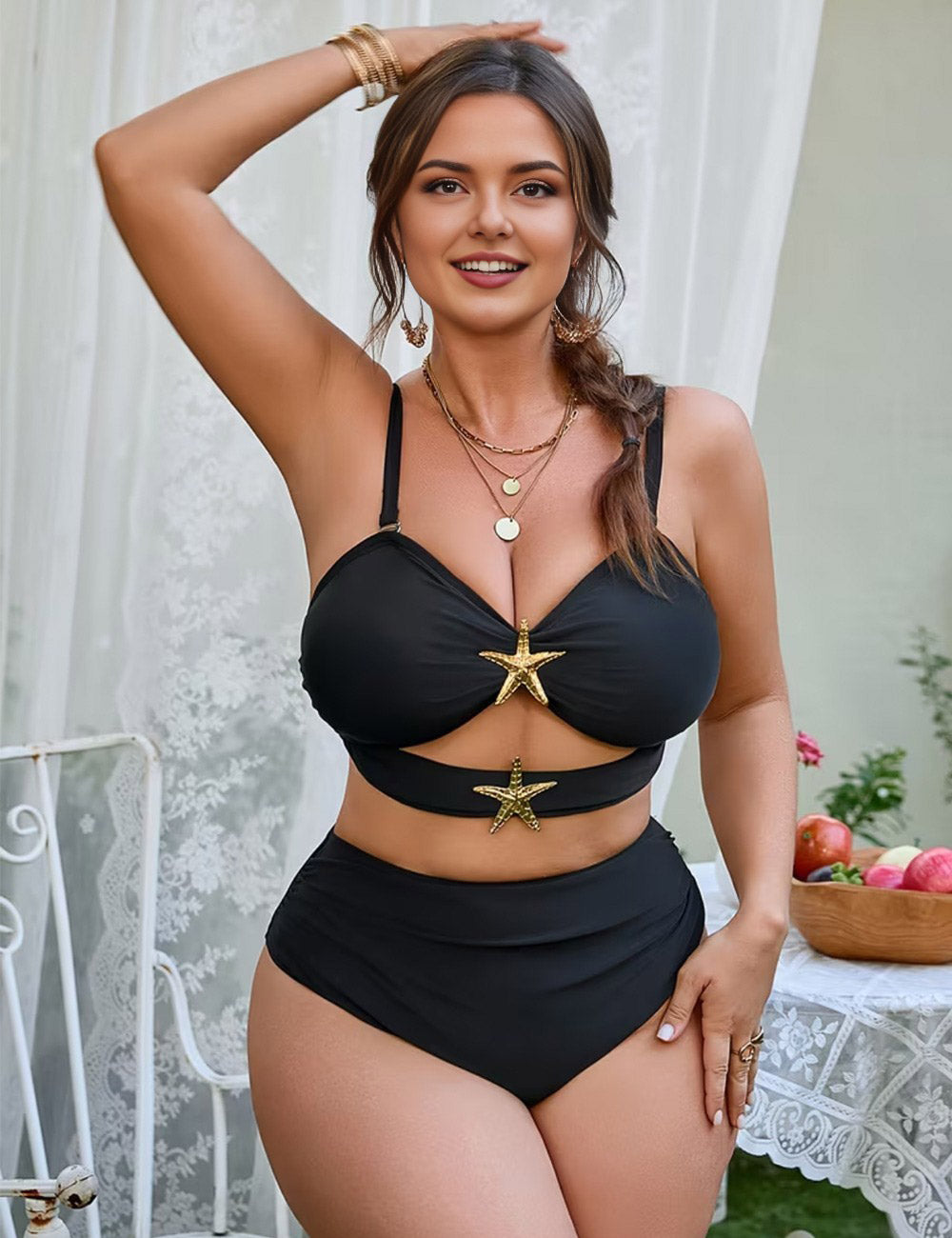 Plus Size Black Starfish Cut Out High Waisted Bikini Set