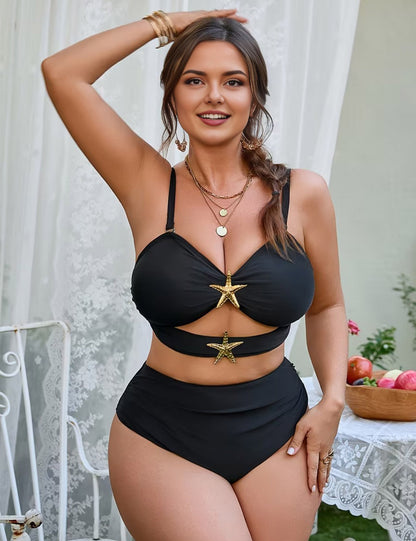 Plus Size Black Starfish Cut Out High Waisted Bikini Set