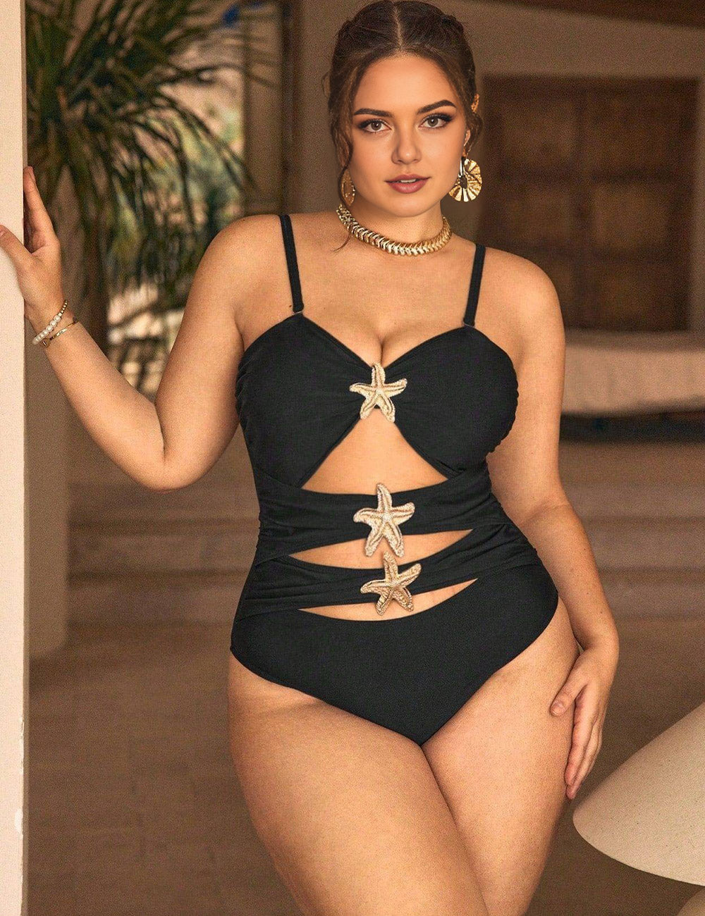 Plus Size Black Starfish Cut Out One Piece Swimsuit