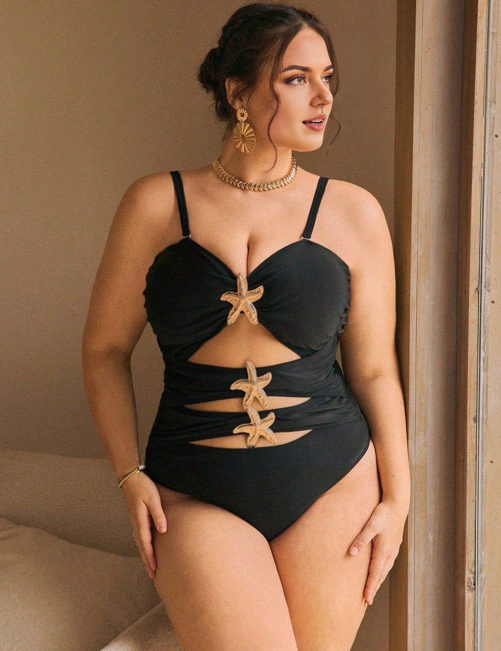 Plus Size Starfish Cut Out One Piece Swimsuit Black