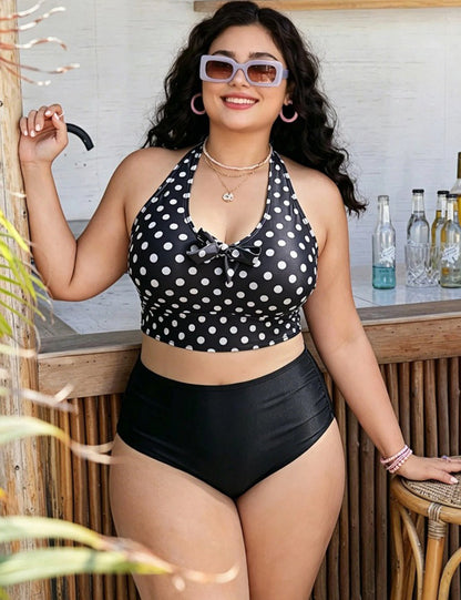 Plus Size Black Retro Polka Dot Bikini Set