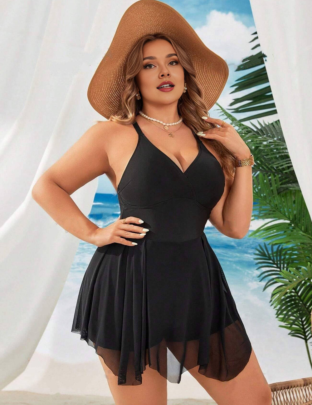 Women Plus Size Black Wrap Mesh Swim Dress
