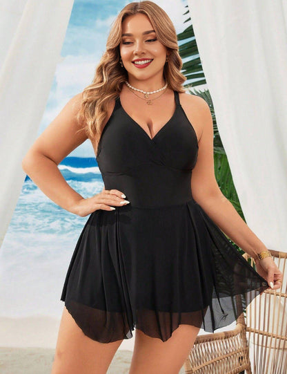 Womens Plus Size Black Wrap Mesh Swim Dress