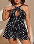 Plus Size Black Zebra Print Criss Cross Halter Cut-Out Swim Dress
