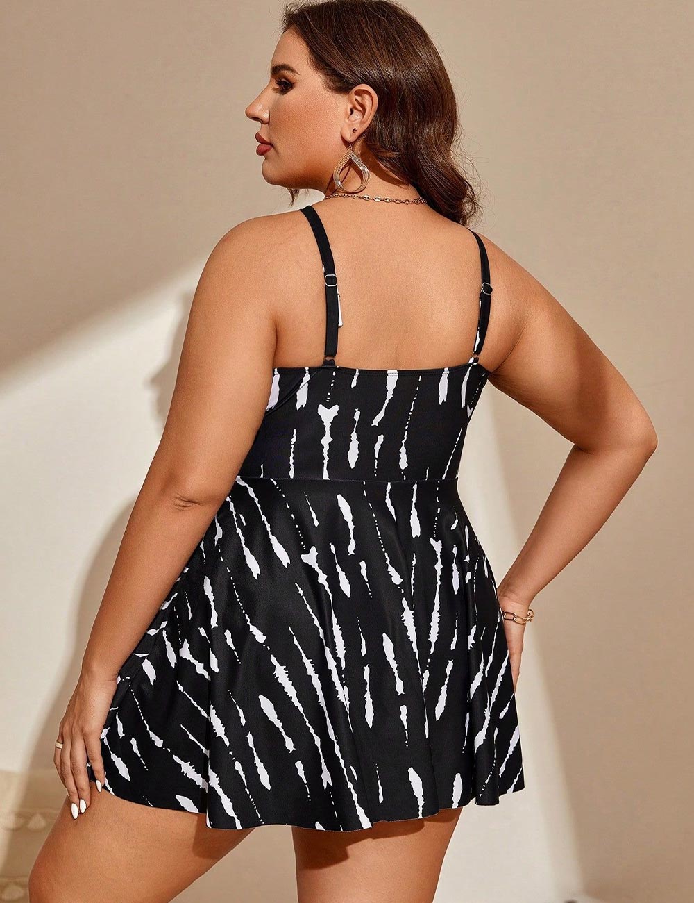 Plus Size Black Zebra Print Cut-Out Swim Dress