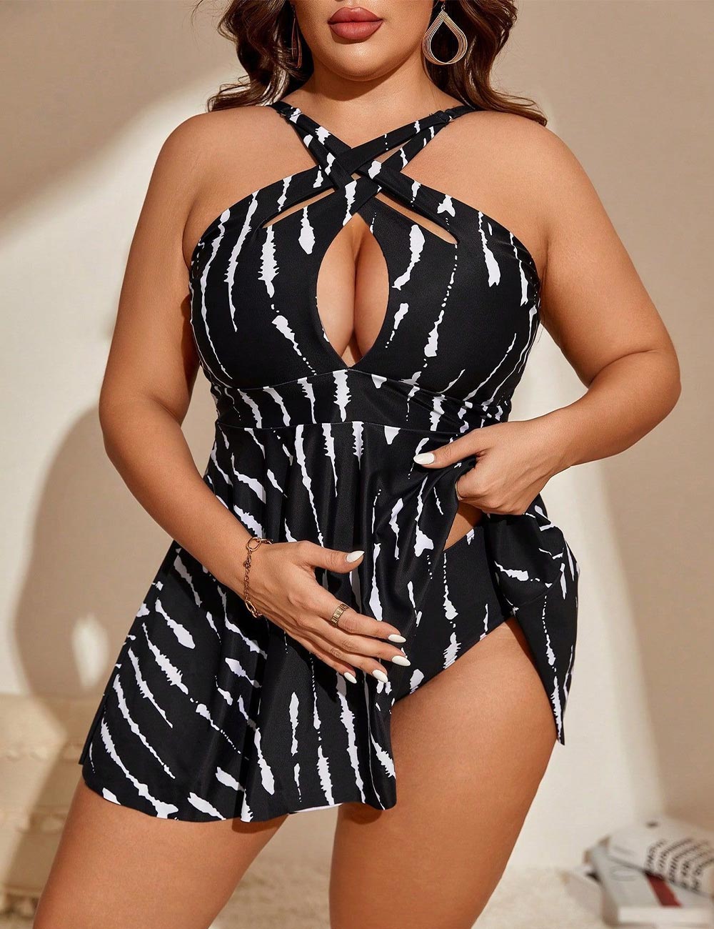 Plus Size Zebra Print Crisscross Tummy Control Swim Dress