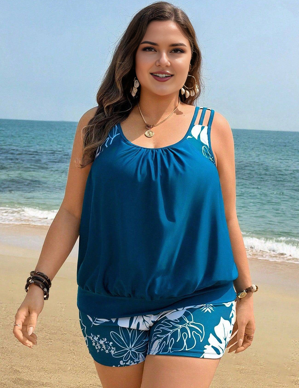 Plus Size Blue Floral Print Tankini Swimsuit with Shorts