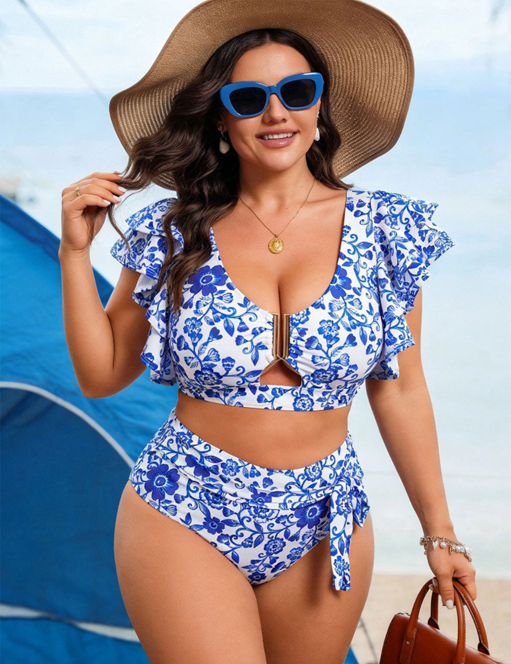 Plus Size Blue Floral Ruffle High Waisted Bikini Set
