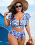 Plus Size Blue Floral Ruffle High Waisted Bikini Set