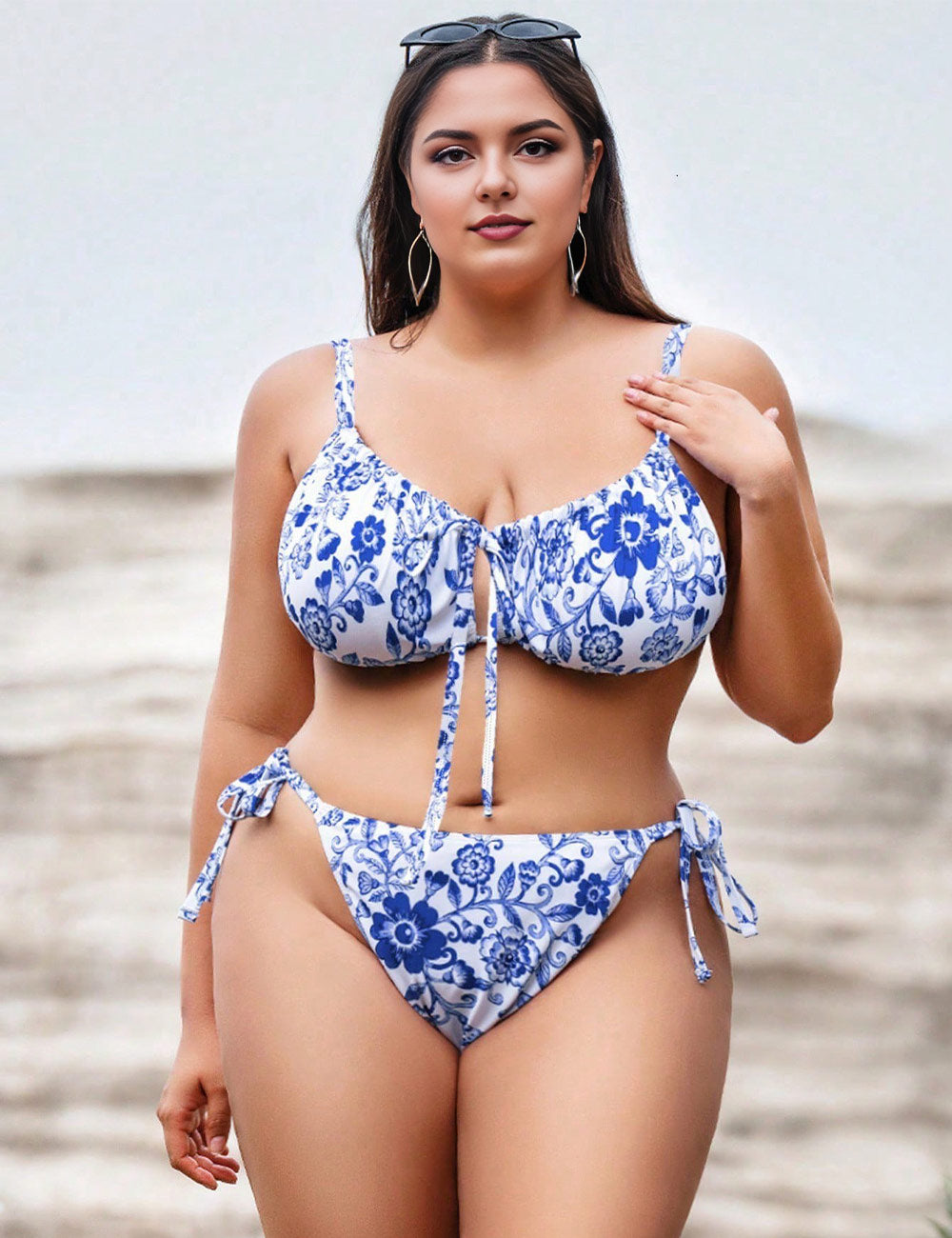  Blue Plus Size Floral Side Tie Bikini Set