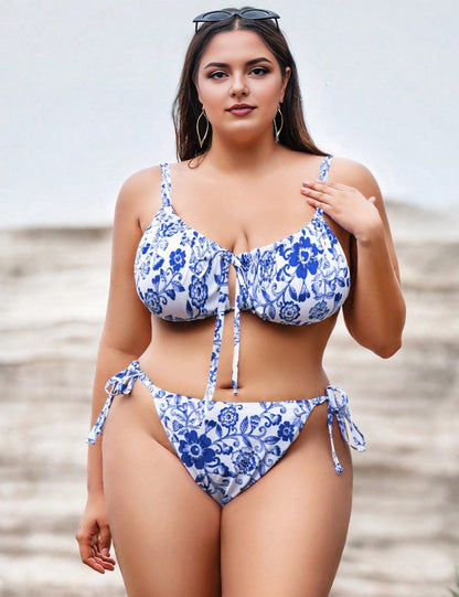  Blue Plus Size Floral Side Tie Bikini Set