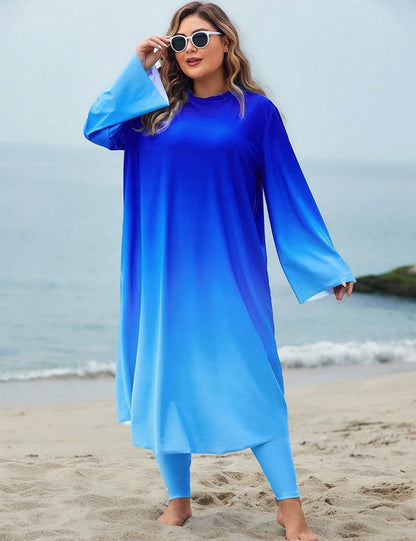 Plus Size Blue Gradient 3-Piece Modest Swimwear