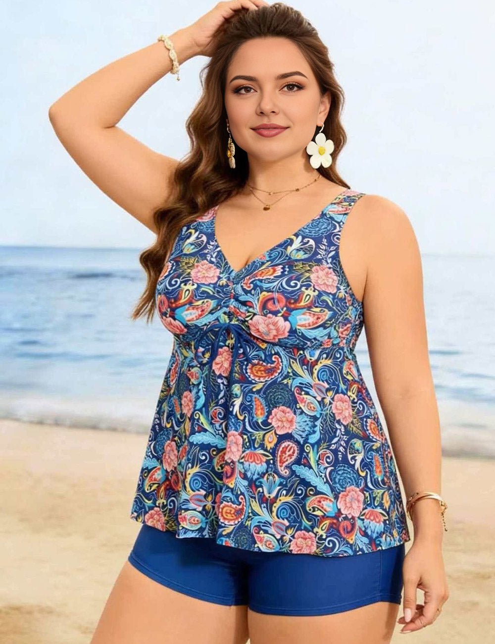 Plus Size Blue Vintage Paisley Tankini with Boyshorts