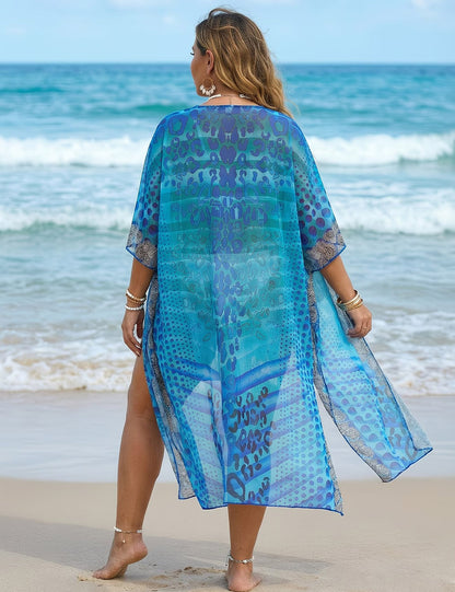 Plus Size Blue Mesh Printed Boho Beach Cover Up