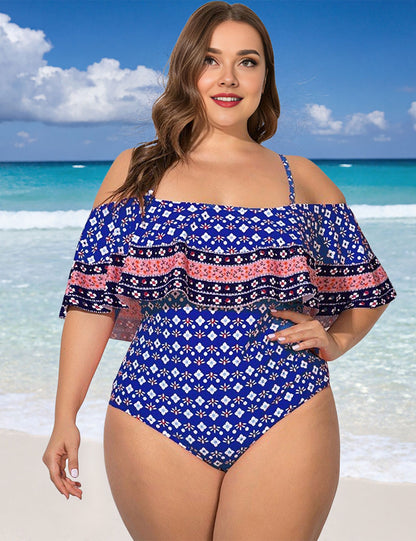 Plus Size Blue Boho Ruffle Off Shoulder One Piece Swimsuit