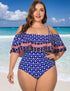 Plus Size Blue Boho Ruffle Off Shoulder One Piece Swimsuit