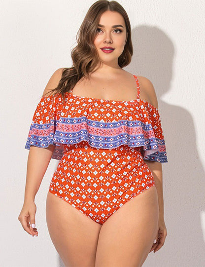 Plus Size Orange Boho Ruffle Off Shoulder One Piece Swimsuit