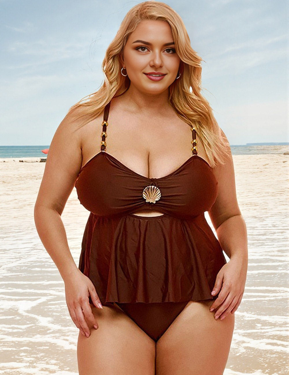 Plus Size Brown Shell Detail Flowy Tankini Set