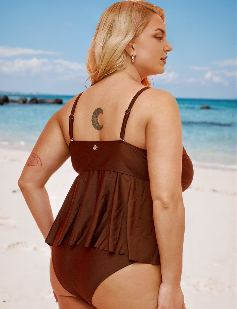 Brown Plus Size Shell Detail Flowy Tankini Set