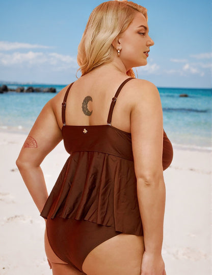 Brown Plus Size Shell Detail Flowy Tankini Set