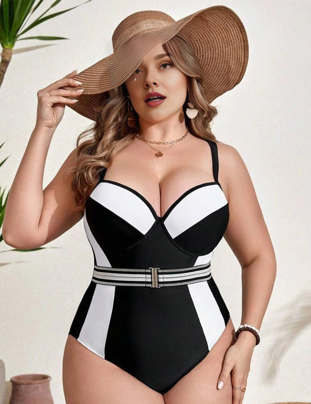 Plus Size Color Block Belted One Piece Swimsuit