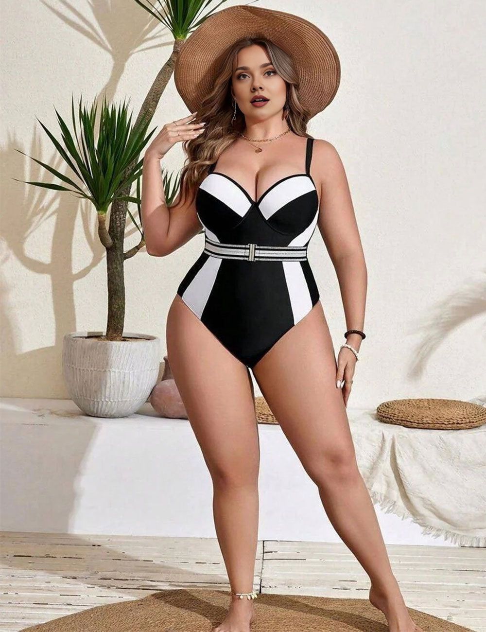 Plus Size Color Block Belted One Piece Swimsuit Black